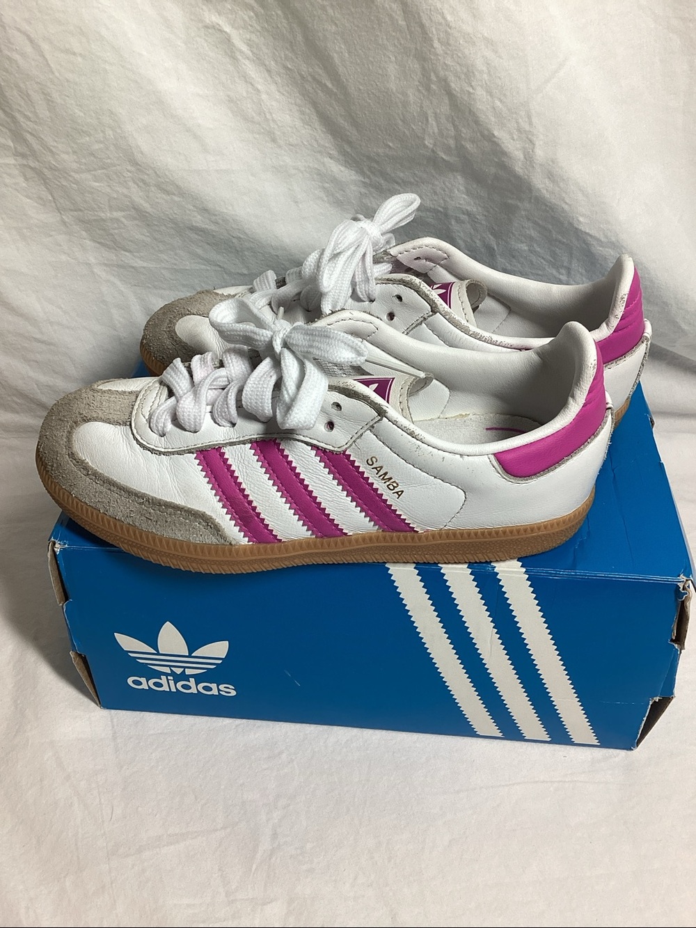 adidas Originals Girl 13 Kid Samba White Purple Stripes Sneakers Box